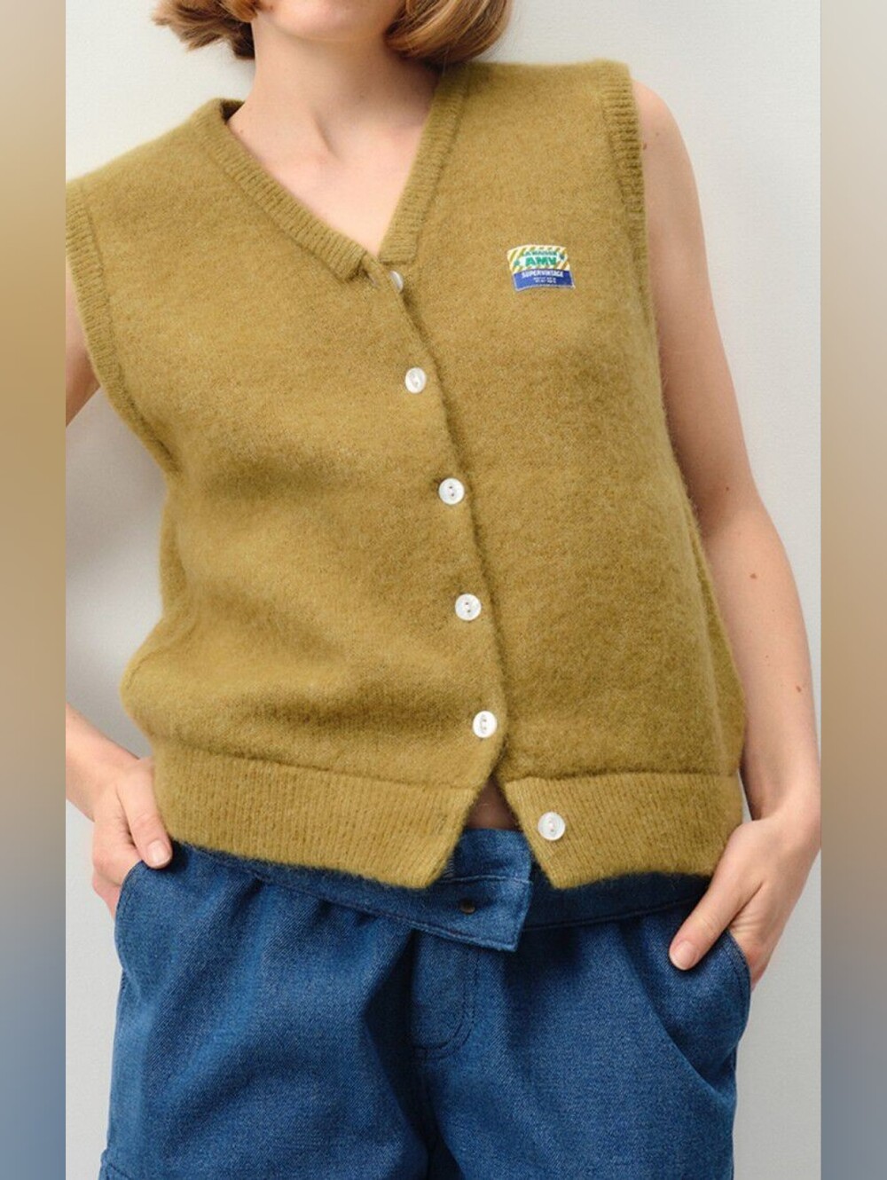 American Vintage Vitow Olive Green V-Neck Button Sweater Vest, Size Medium